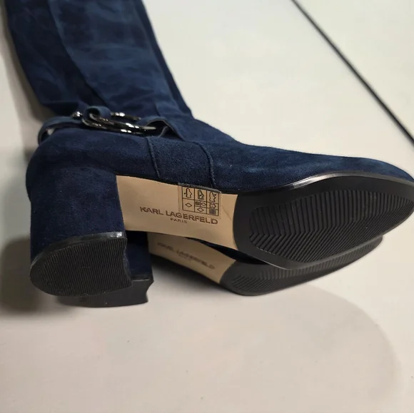 Karl Lagerfeld Navy Suede  Stretch Knee Boots 7.5M Block Heel - Picture 10 of 15